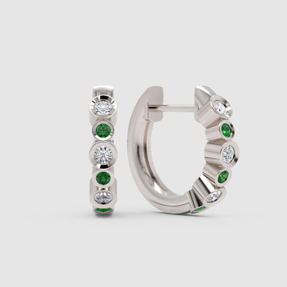 Diamond  And Gemstone Bezel Set Huggie Hoop Earrings In Yellow Gold - Four