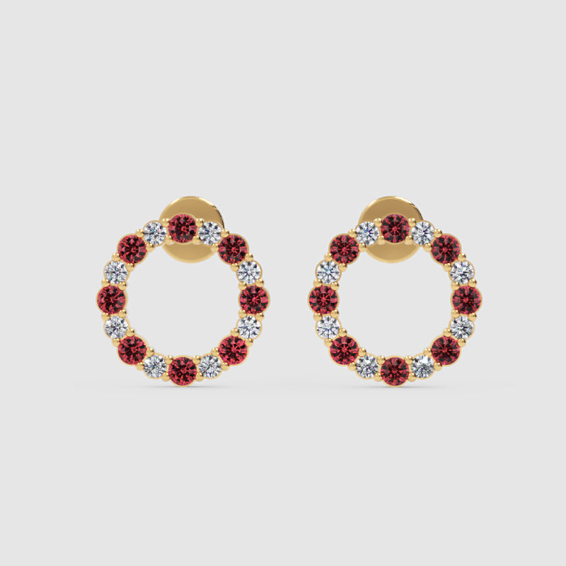 Red Gemstone And White Diamond Circle Stud Earrings In White Gold - Four