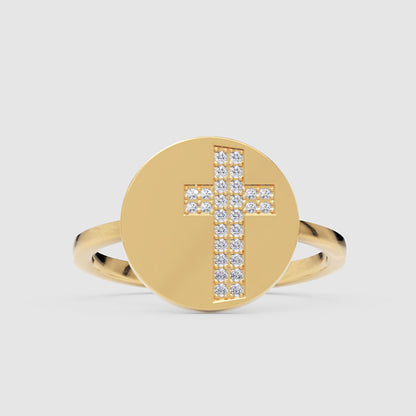 Pav Cross Disc Signet Ring With Twisted Band - Three
