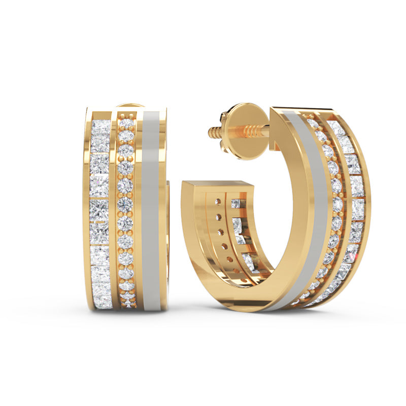 Wide Channel Set Diamond Hoop Earrings With Double Row Design - Three