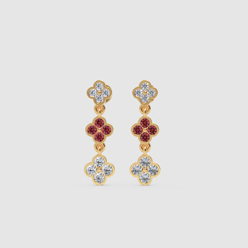 White Gold Diamond And Gemstone Clover Drop Earrings - Four