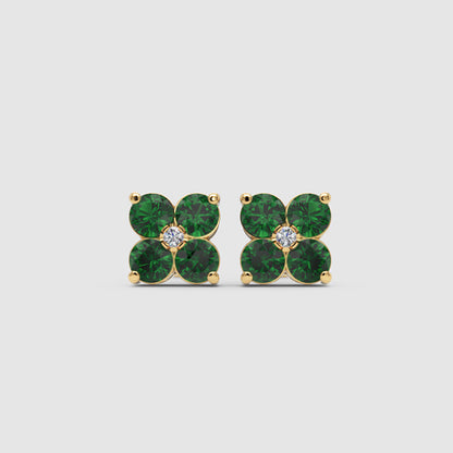Emerald And Diamond Clover Stud Earrings - Four