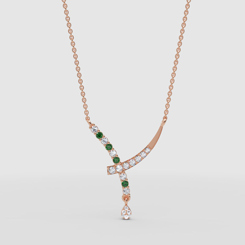 Natural Diamond Curved Bar Necklace With Green Gemstone Drop Pendant - Eight