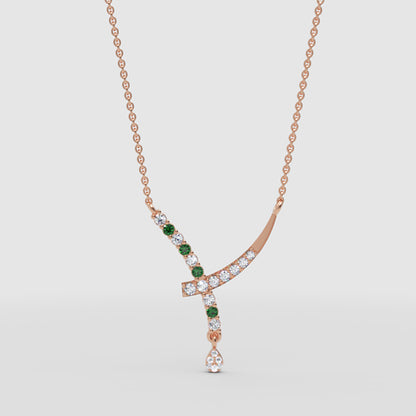 Natural Diamond Curved Bar Necklace With Green Gemstone Drop Pendant - Eight