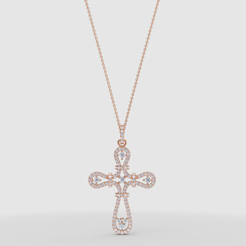 Ornate Filigree Cross Pendant Necklace With Cubic Zirconia Stones - Three
