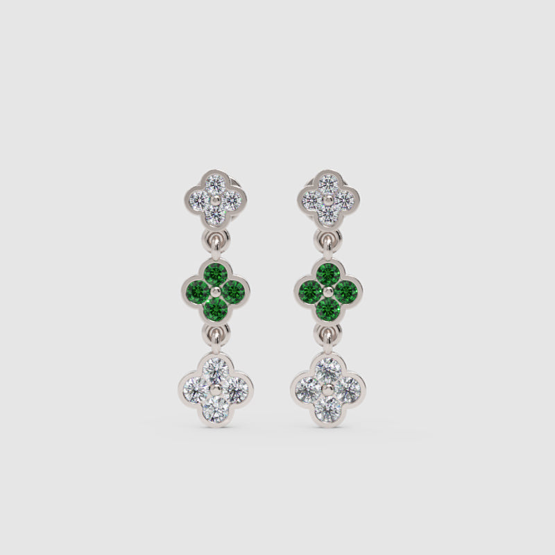 Gold Clover Drop Earrings With Green Gem Stone And White Diamonds - Four