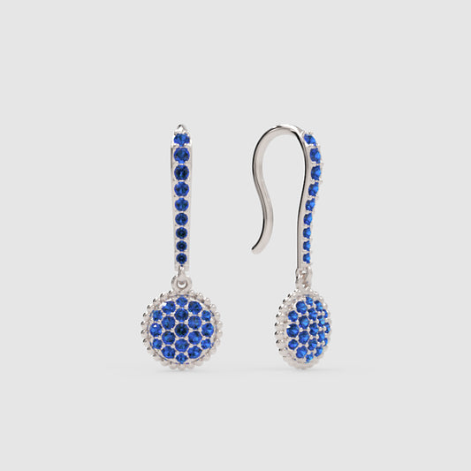Blue Sapphire Pav Disc Drop Earrings with Beaded Halo