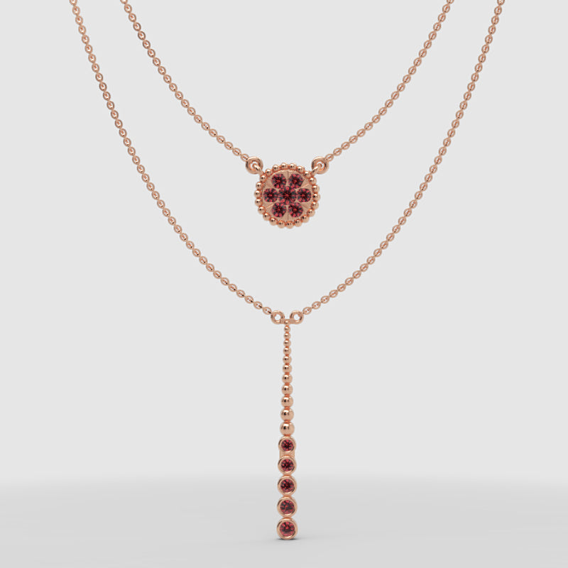 Layered Pink Crystal Pendant Necklace With Drop Bar Accent - One