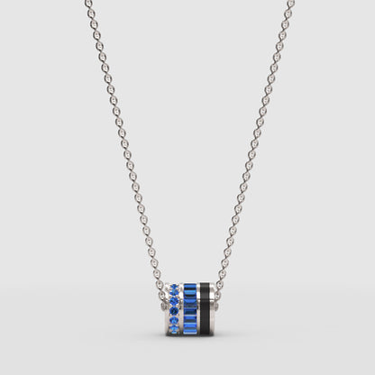 Triple Ring Pendant Necklace With Blue Gemstone Accents - One