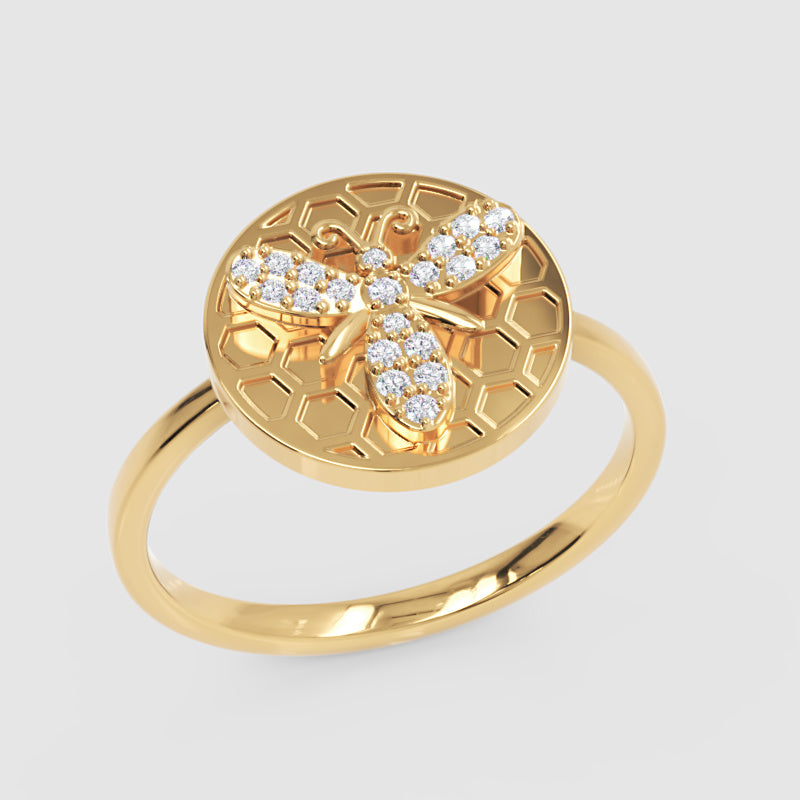 Honeycomb Bee Ring With Pav Diamond Accents - Five