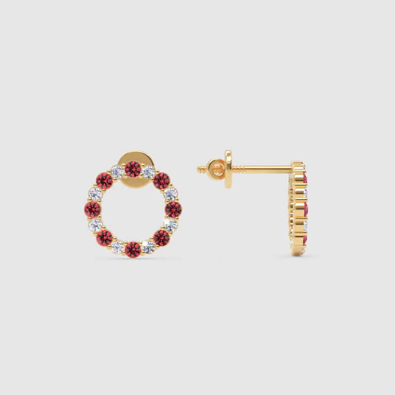 Red Gemstone And White Diamond Circle Stud Earrings In White Gold - Five