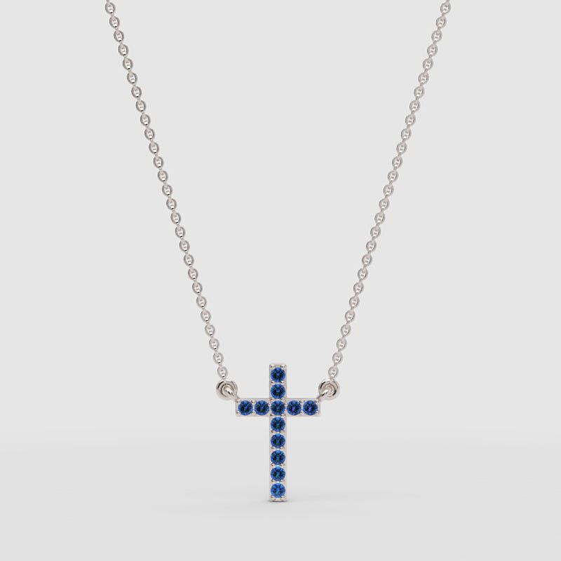 Blue Sapphire Cross Pendant Necklace With Chain - One