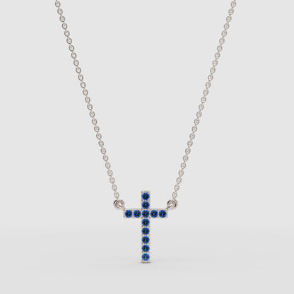 Blue Sapphire Cross Pendant Necklace With Chain - One