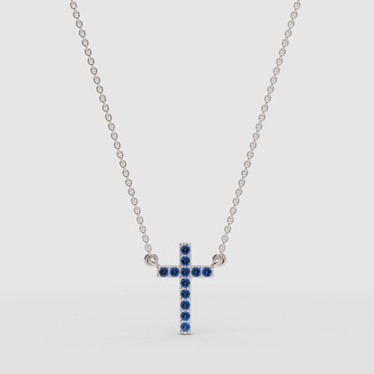 Blue Sapphire Cross Pendant Necklace With Chain - One