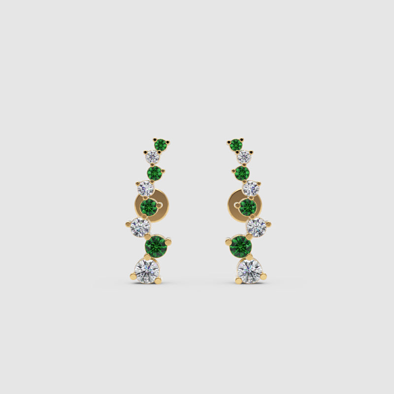Rose Gold Emerald And Diamond Curved Climber Earrings - Six