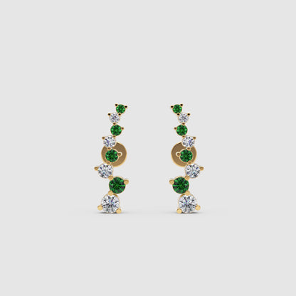 Rose Gold Emerald And Diamond Curved Climber Earrings - Six