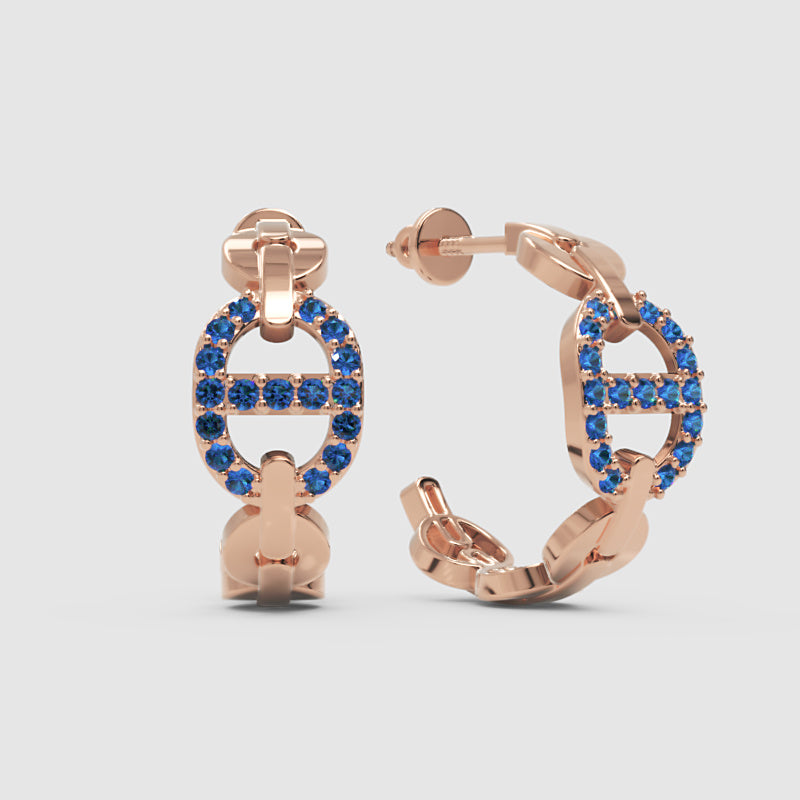 Blue Lab-Grown Gemstone Hoop Earrings In Gold Finish – Modern Oval Link Huggie Design - Three
