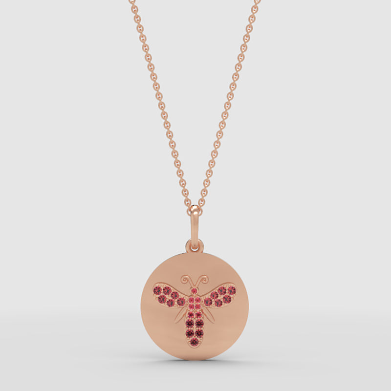 Ruby Butterfly Disc Pendant Necklace With Rose Tone Chain - One