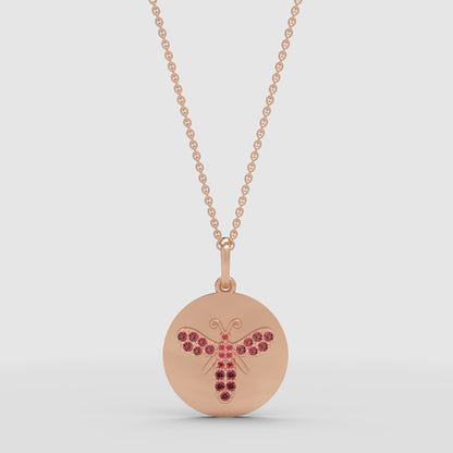 Ruby Butterfly Disc Pendant Necklace With Rose Tone Chain - One