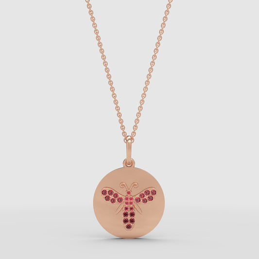 Ruby Butterfly Disc Pendant Necklace With Rose Tone Chain - One