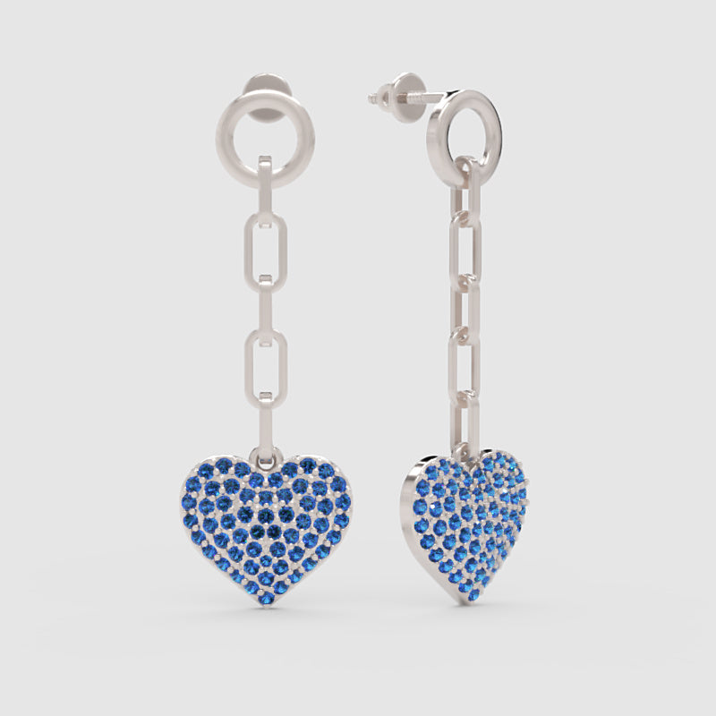 Blue Crystal Heart Chain Link Drop Earrings - One
