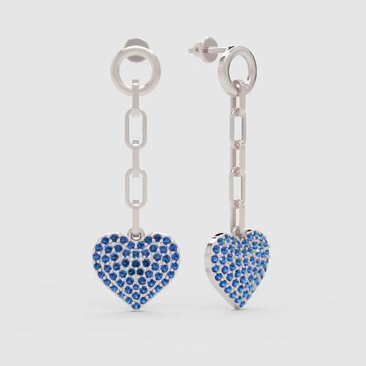 Blue Crystal Heart Chain Link Drop Earrings - One