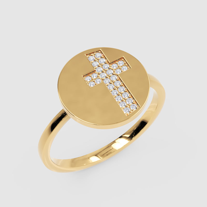 Pav Cross Disc Signet Ring With Twisted Band - Four