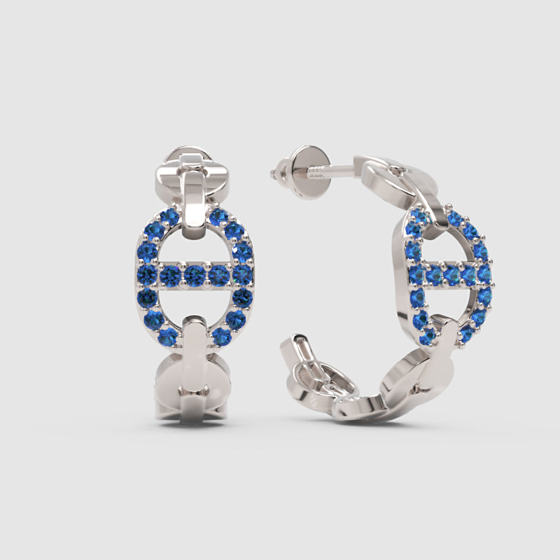 Blue Lab-Grown Gemstone Hoop Earrings In Gold Finish – Modern Oval Link Huggie Design - One