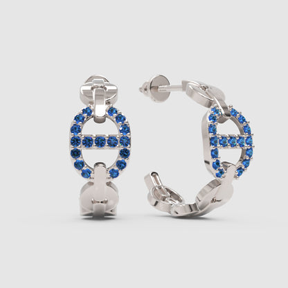 Blue Lab-Grown Gemstone Hoop Earrings In Gold Finish – Modern Oval Link Huggie Design - One