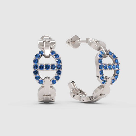 Blue Lab-Grown Gemstone Hoop Earrings In Gold Finish – Modern Oval Link Huggie Design - One