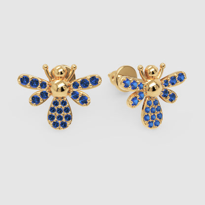 Blue Sapphire Bee Stud Earrings With Pav Wings - One