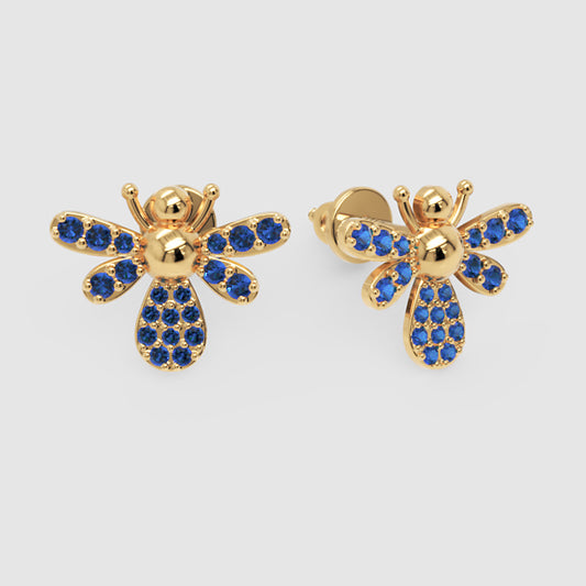 Blue Sapphire Bee Stud Earrings With Pav Wings - One