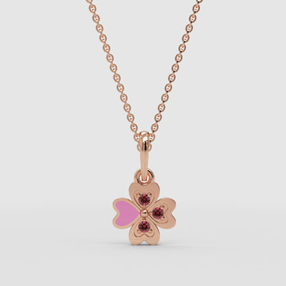 Pink Enamel Four Leaf Clover Pendant Necklace With Gemstones - One