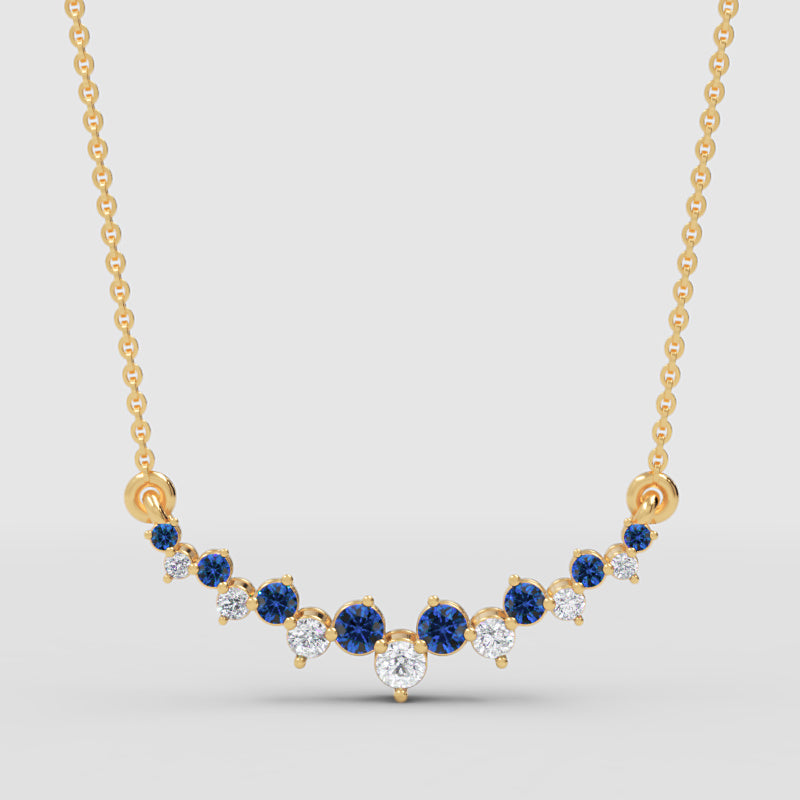 Blue Sapphire And Diamond Curved Bar Necklace In Yellow Gold - One