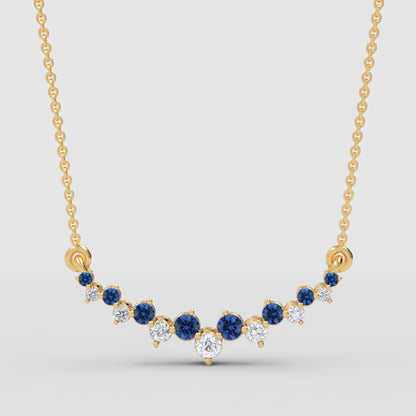 Blue Sapphire And Diamond Curved Bar Necklace In Yellow Gold - One
