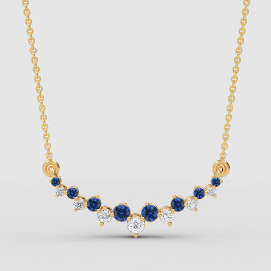 Blue Sapphire And Diamond Curved Bar Necklace In Yellow Gold - One