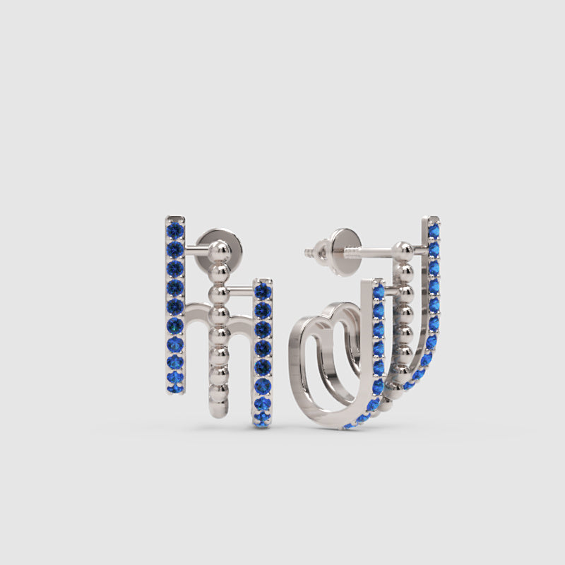 Blue Sapphire Multirow Curved Bar Stud Earrings - One