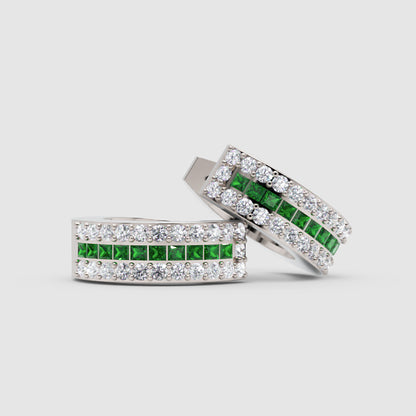 Gemstone And Diamond Three Row Huggie Hoop Earrings In Yellow Gold - Five