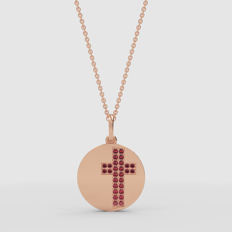 Ruby Cross Disc Pendant Necklace With Chain - One