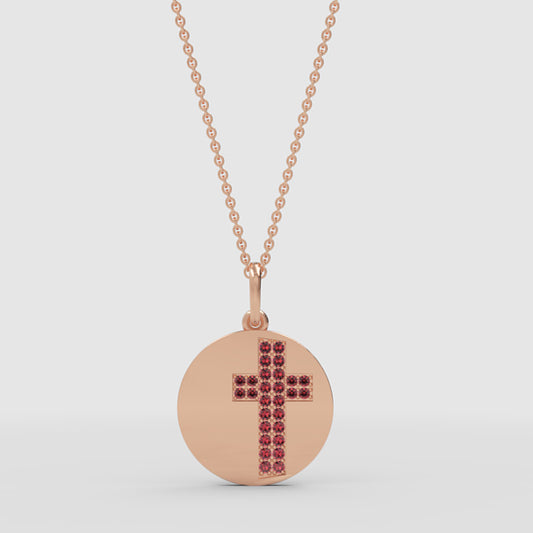 Ruby Cross Disc Pendant Necklace With Chain - One