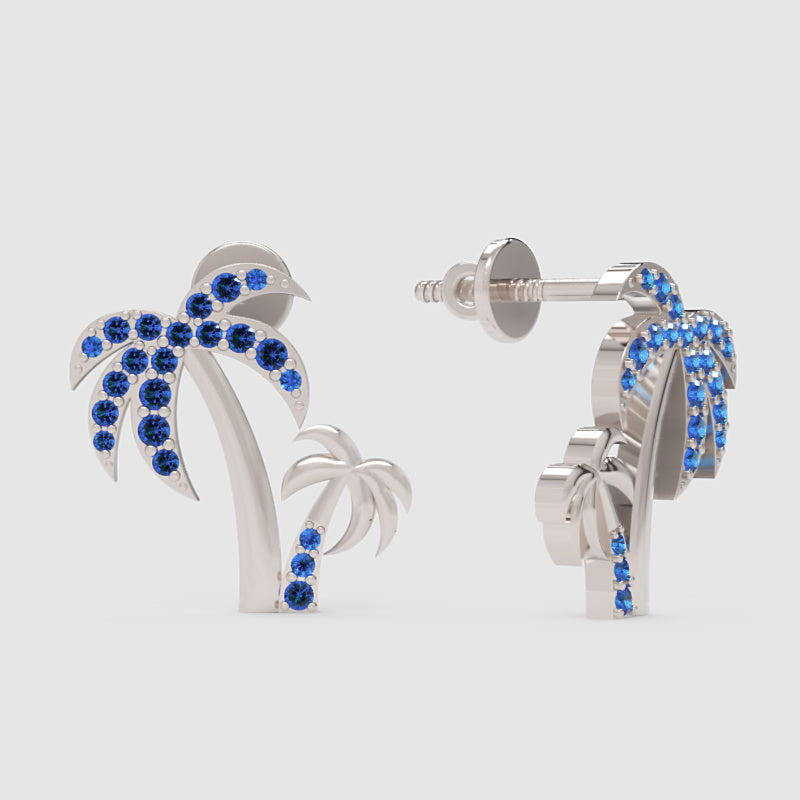 Blue Crystal Palm Tree Stud Earrings - One