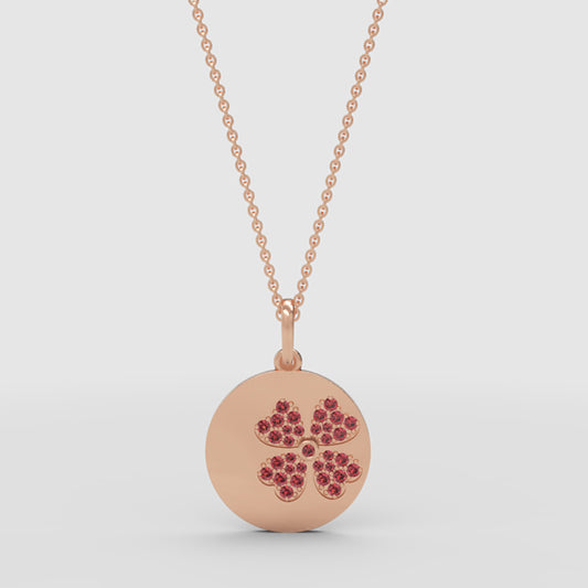 Ruby Flower Disc Pendant Necklace With Ball Chain - One