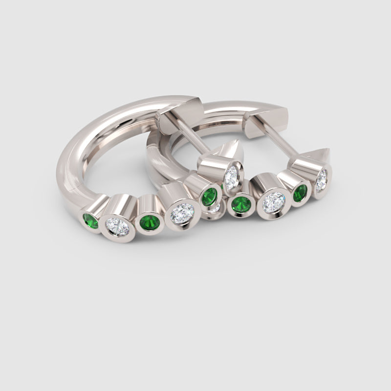 Diamond  And Gemstone Bezel Set Huggie Hoop Earrings In Yellow Gold - Five