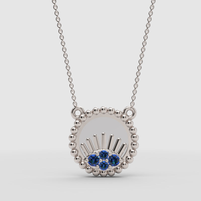 Blue Sapphire Evil Eye Pendant Necklace With Baguette Accents - One
