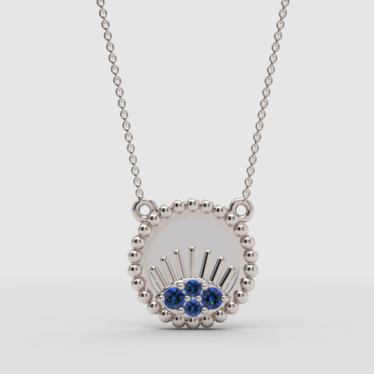 Blue Sapphire Evil Eye Pendant Necklace With Baguette Accents - One