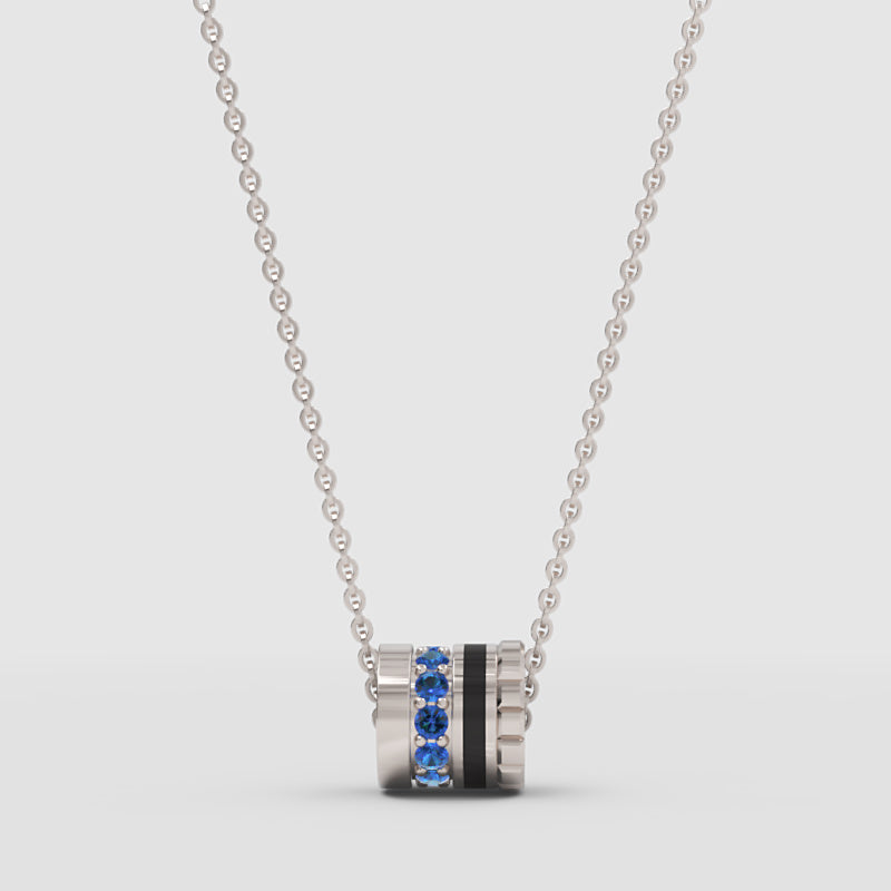 Blue Gemstone And Black Enamel Barrel Pendant Necklace - One
