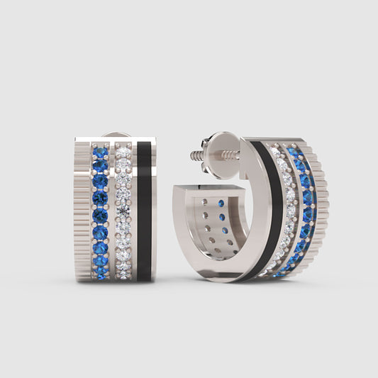 Blue Sapphire & Diamond Triple Row Hoop Earrings In White Gold With Black Enamel | Luxury Hoops | Jebij - One