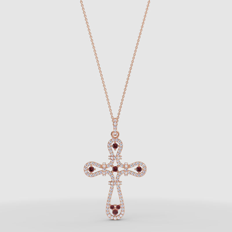 Ornate Cross Pendant Necklace With Red And Clear Stones Halo Design - One