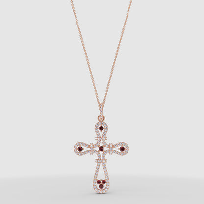 Ornate Cross Pendant Necklace With Red And Clear Stones Halo Design - One