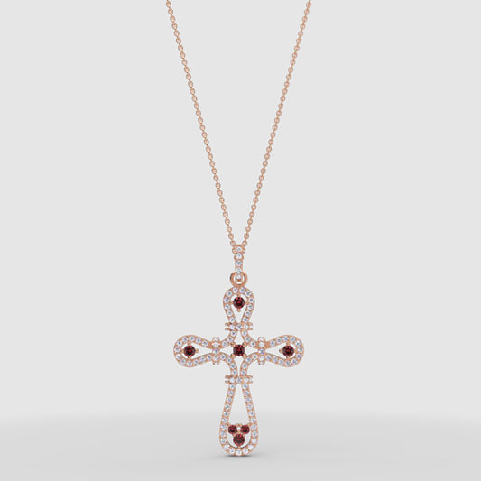 Ornate Cross Pendant Necklace With Red And Clear Stones Halo Design - One